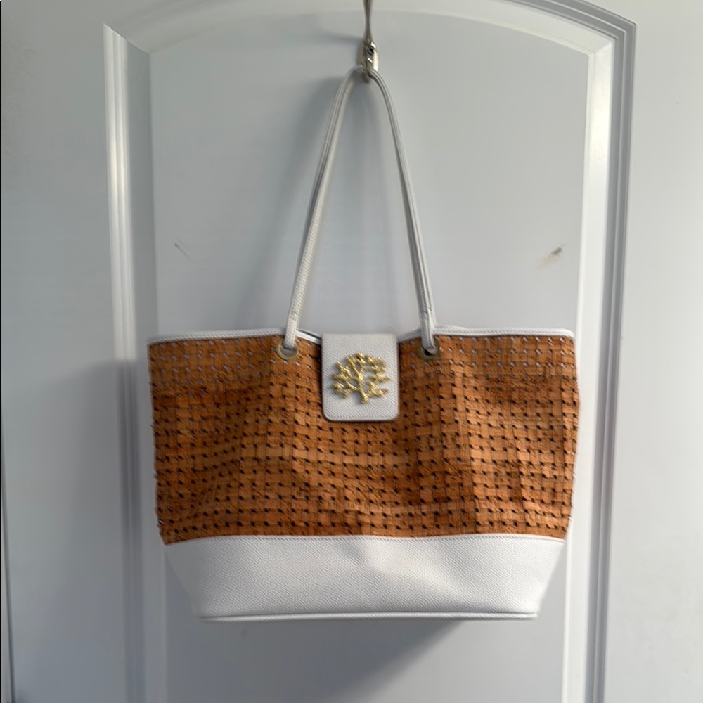 Mud Pie White and Tan Woven Tote Bag